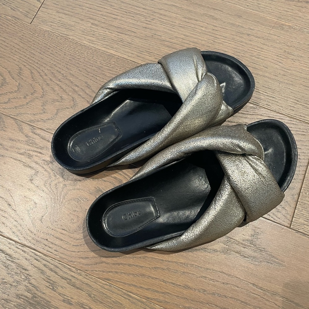 Chloe Silver and Black Slide Sandals with Crossover Design